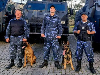 Agentes Lomba, Passos e Robson com os cães Kalash e Colt - Foto: Divulgação